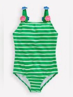 Boden Green & White Striped Floral Appliqué One-Piece Swimsuit, 3-4Y